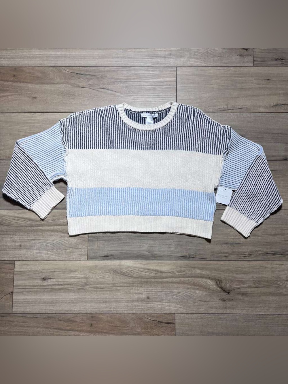 Altar’D State Womens Ribbed Boxy Fit Colorblock Sweater Size Small Cream & Blues